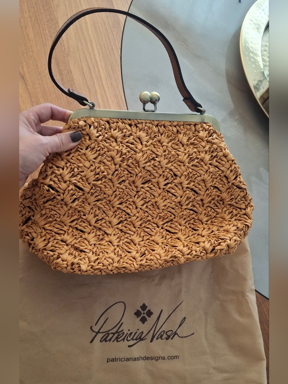 Patricia Nash Woven Raffia Clasp Top Bag in Tan